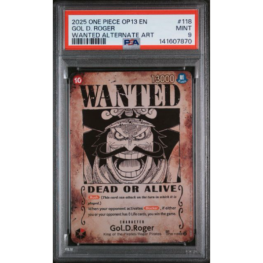 PSA 9 2025 ONE PIECE OP13-CARRYING ON HIS WILL #118 GOL D. ROGER WANTED ALTERNATE ART