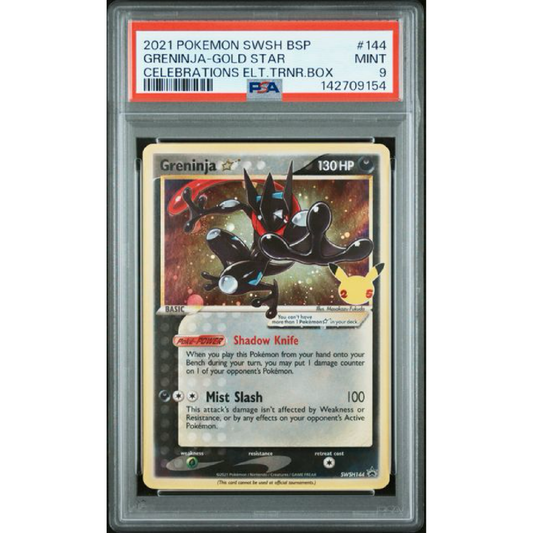 2021 POKEMON SWORD & SHIELD BLACK STAR PROMOS #144 GRENINJA-GOLD STAR CELEBRATIONS ELT.TRNR.BOX PSA 9