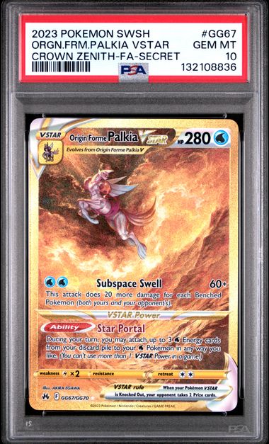 2023 POKEMON SWORD AND SHIELD CROWN ZENITH #GG67 ORGN.FRM.PALKIA VSTAR CROWN ZENITH-FA-SECRET PSA 10