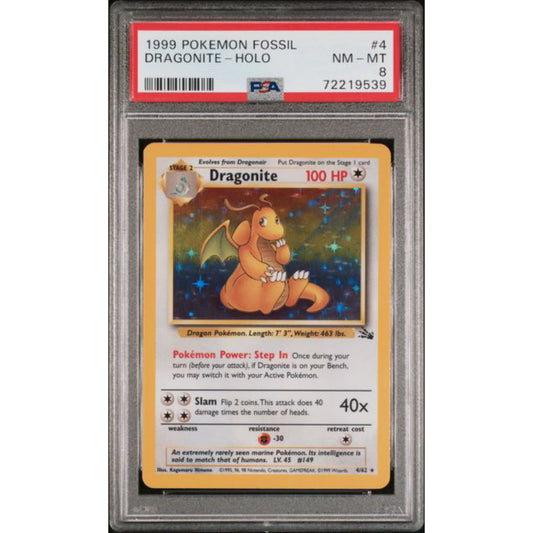 1999 POKEMON FOSSIL #4 DRAGONITE-HOLO PSA 8