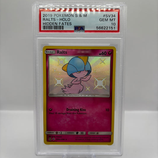 PSA 10 2019 POKEMON SUN & MOON HIDDEN FATES #SV34 RALTS-HOLO HIDDEN FATES