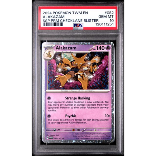 2024 POKEMON TWM EN-TWILIGHT MASQUERADE #082 ALAKAZAM SSP PRM CHECKLANE BLISTER PSA 10