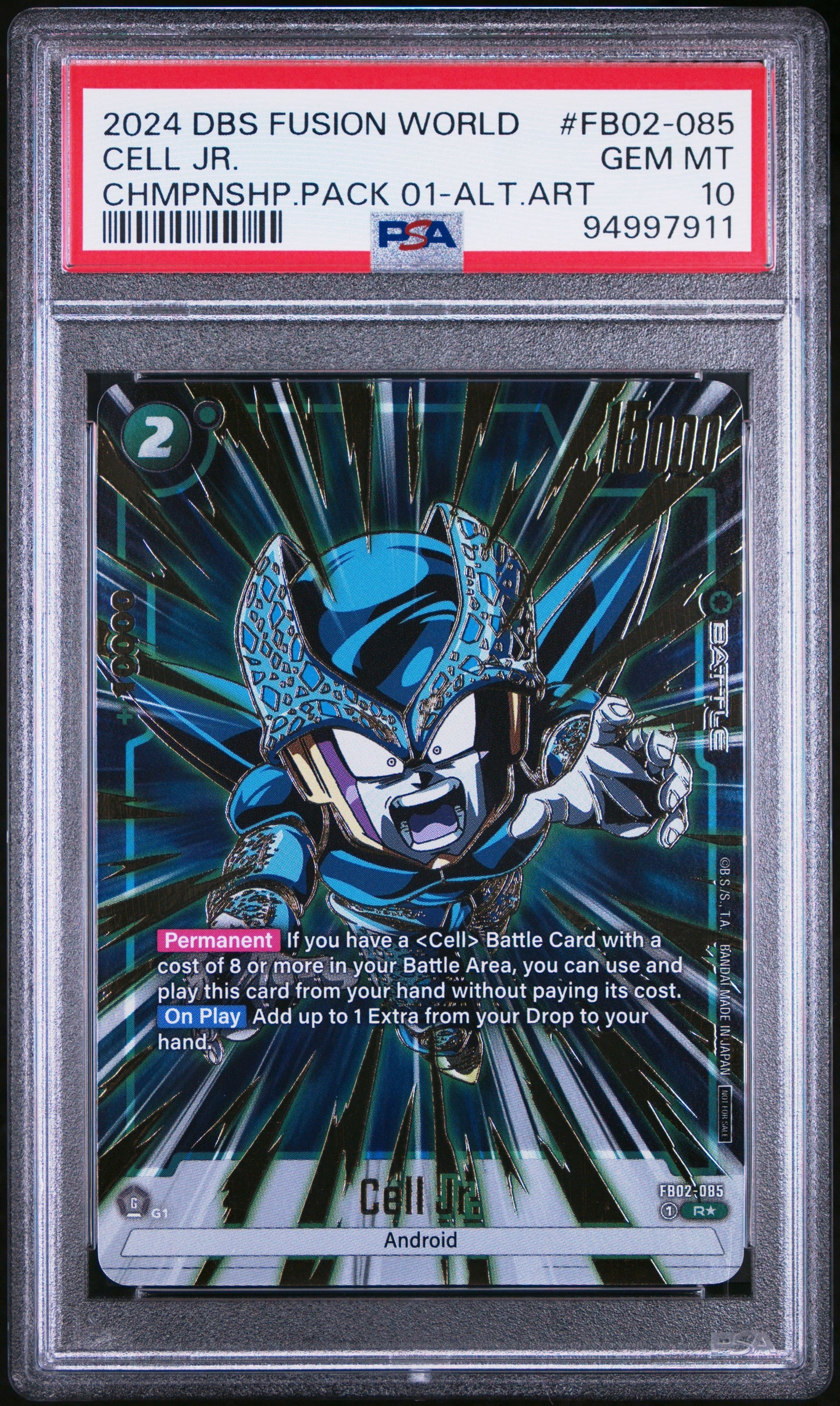 PSA 10 2024 DRAGON BALL SUPER CARD GAME FUSION WORLD CHAMPIONSHIP PACK 01 #FB02-085 CELL JR. CHAMPIONSHIP PACK 01-ALT ART
