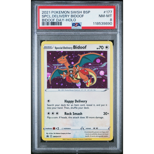 PSA 8 2021 POKEMON SWSH BLACK STAR PROMO
#177 SPCL.DELIVERY BIDOOF BIDOOF DAY-HOLO