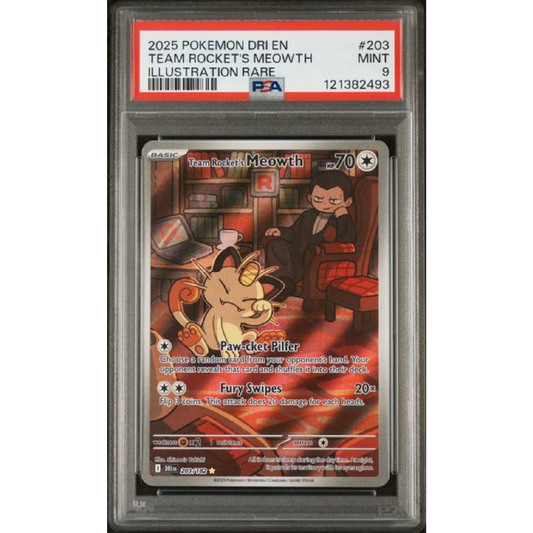 PSA 9 2025 POKEMON DRI EN-DESTINED RIVALS #203 TEAM ROCKET'S MEOWTH ILLUSTRATION RARE