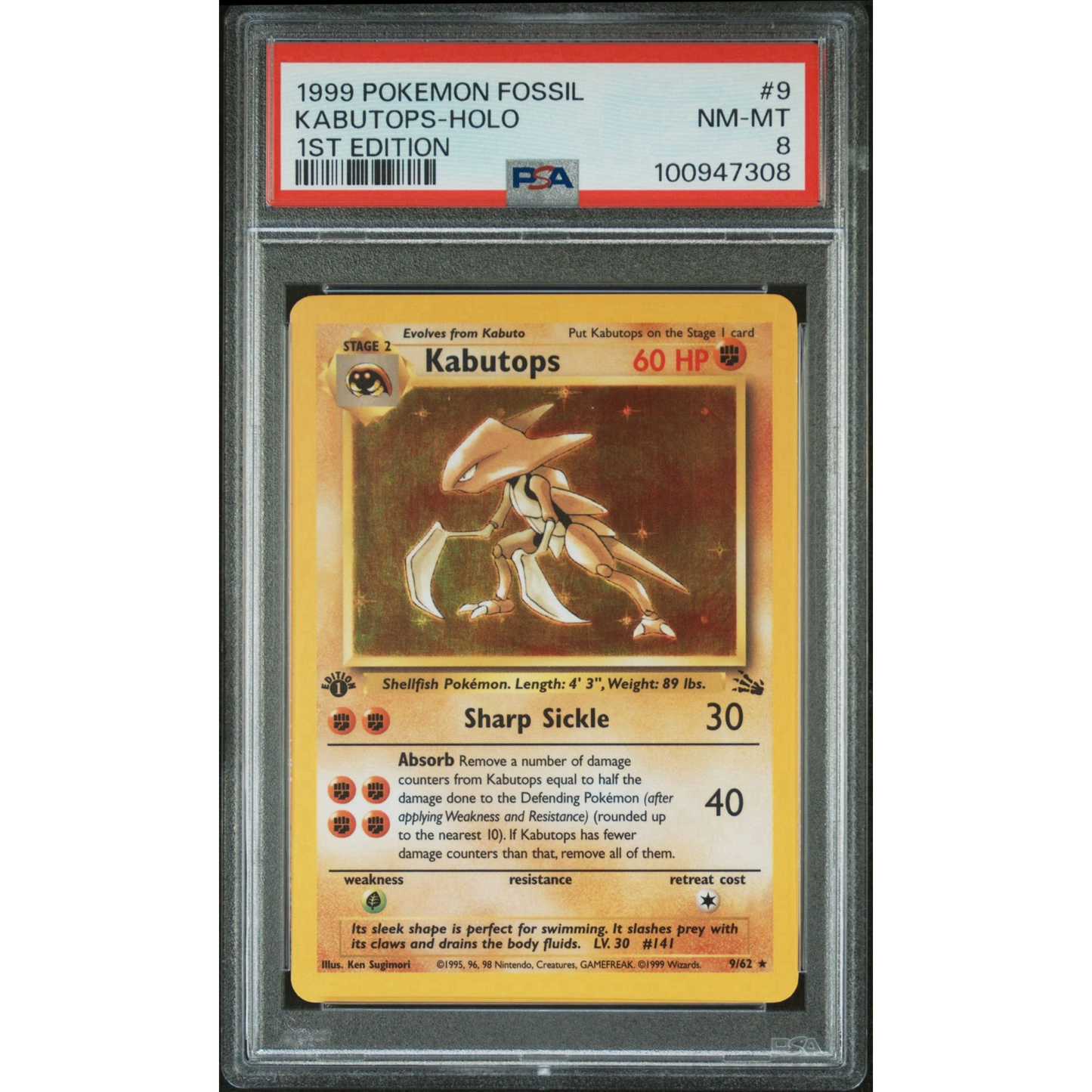 PSA 9 1999 Pokemon Fossil Kabutops 1st Edition 9/62