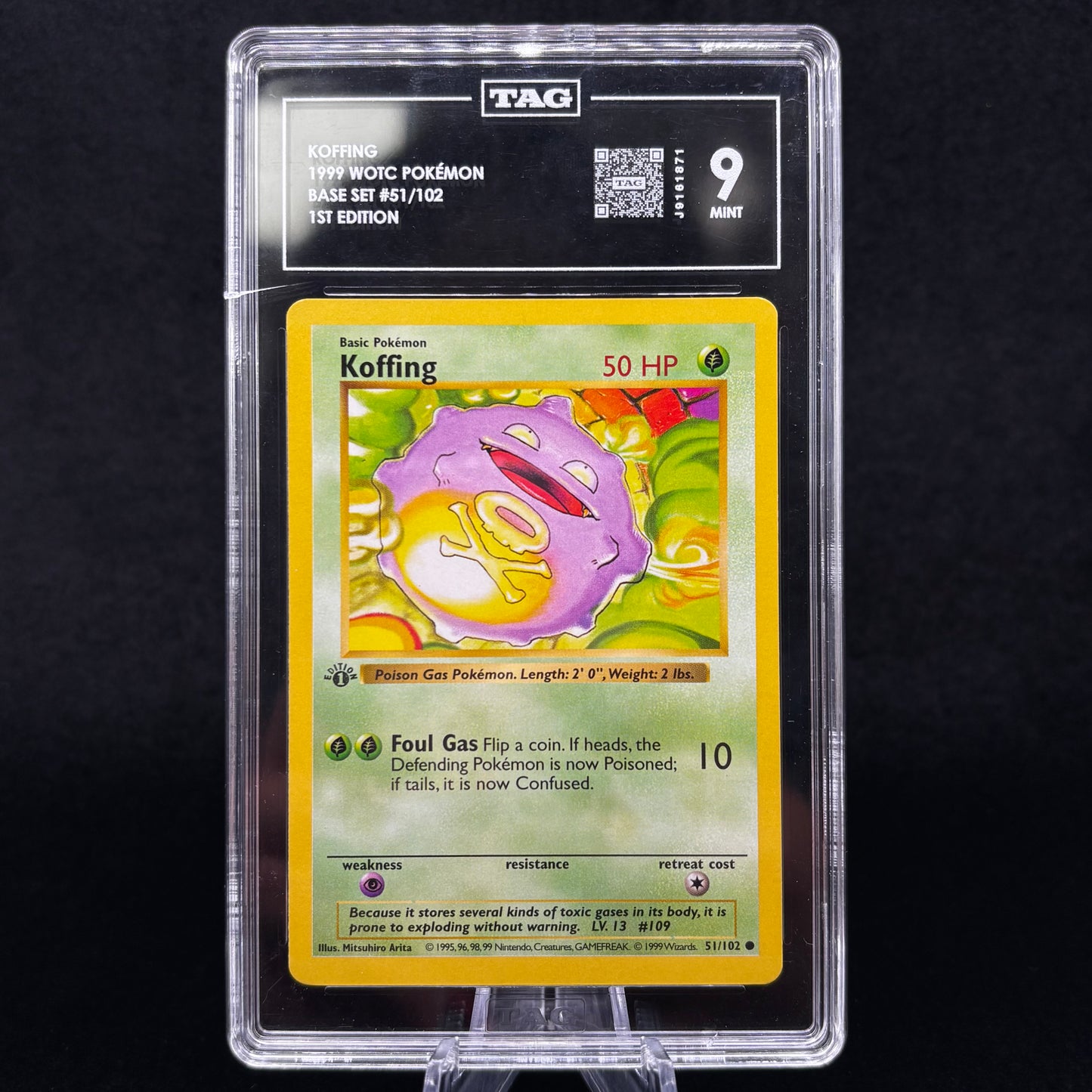 TAG 9 1999 POKEMON KOFFING 51/102 BASE SET 1ST EDITION