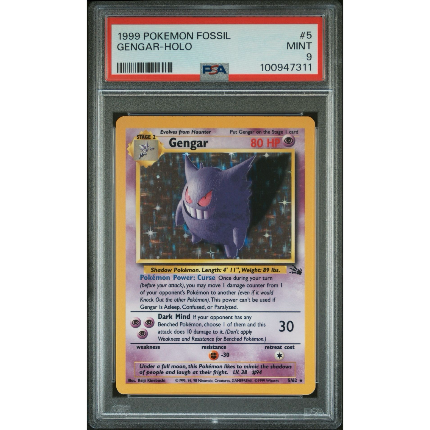 PSA 9 1999 Pokemon Fossil Gengar Holo 5/62