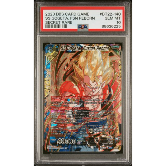 2023 DRAGON BALL SUPER CARD GAME SERIES 22 CRITICAL BLOW #BT22-140 SS GOGETA, FSN REBORN SECRET RARE PSA 10