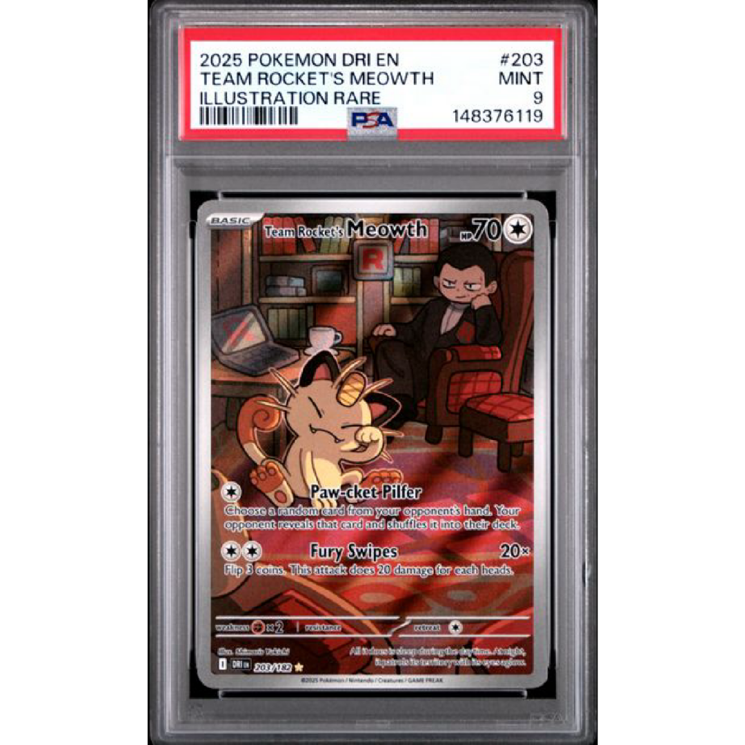 2025 POKEMON DRI EN-DESTINED RIVALS #203 TEAM ROCKET'S MEOWTH ILLUSTRATION RARE PSA 10