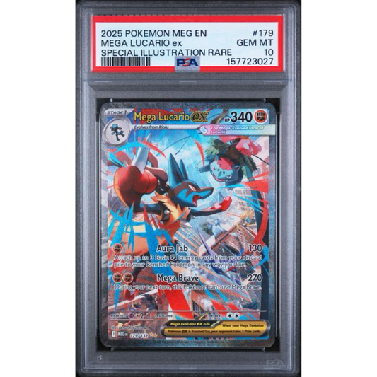 PSA 10 2025 POKEMON MEG EN-MEGA EVOLUTION #179 MEGA LUCARIO EX SPECIAL ILLUSTRATION RARE [WITH PSA BLACK GRADED GUARD]