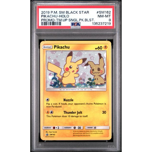 PSA 8 2019 POKEMON SM BLACK STAR PROMO #SM162 PIKACHU-HOLO PROMO-TM.UP SNGL.PK.BLST.