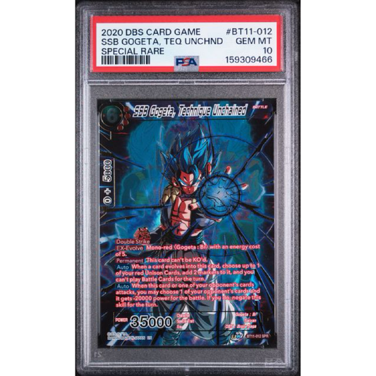 2020 DRAGON BALL SUPER CARD GAME SERIES 11 VERMILION BLOODLINE #BT11-012 SSB GOGETA, TEQ UNCHND SPECIAL RARE PSA 10