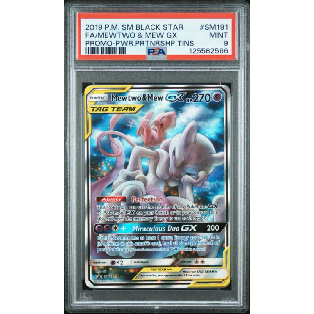 PSA 9 2019 POKEMON SM BLACK STAR PROMO #SM191 FA/MEWTWO & MEW GX PROMO-PWR.PRTNRSHP.TINS