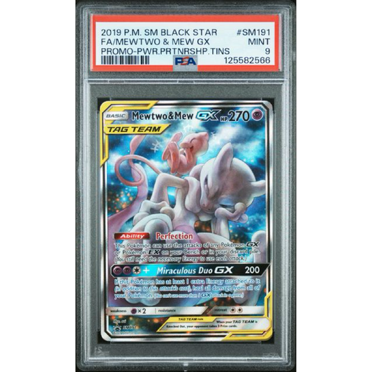 PSA 9 2019 POKEMON SM BLACK STAR PROMO #SM191 FA/MEWTWO & MEW GX PROMO-PWR.PRTNRSHP.TINS