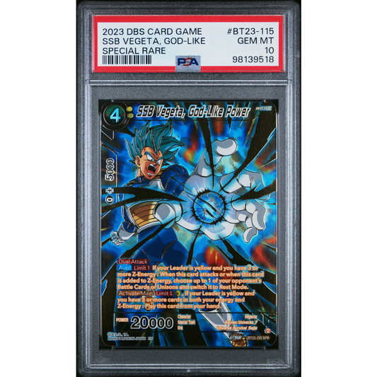 PSA 10 2023 DRAGON BALL SUPER CARD GAME SERIES 23 PERFECT COMBINATION #BT23-115 SSB VEGETA, GOD-LIKE SPECIAL RARE