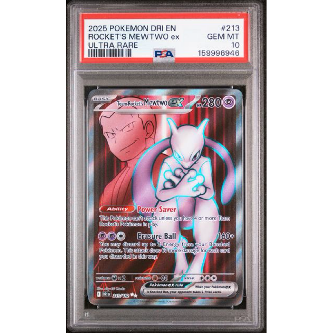 2025 POKEMON DRI EN-DESTINED RIVALS #213 ROCKET'S MEWTWO EX ULTRA RARE PSA 10