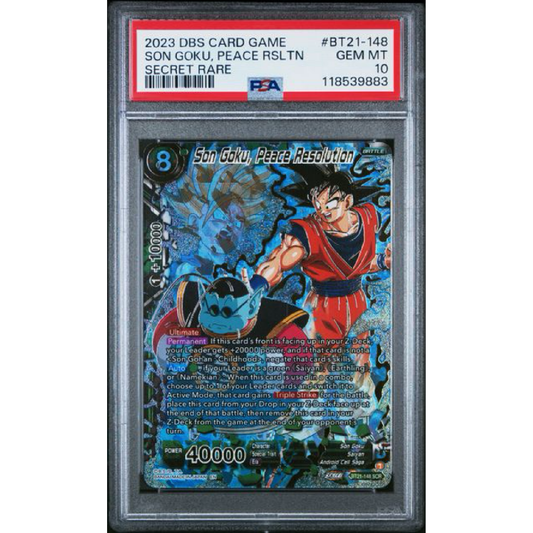 2023 DRAGON BALL SUPER CARD GAME SERIES 21 WILD RESURGENCE #BT21-148 SON GOKU, PEACE RSLTN SECRET RARE PSA 10
