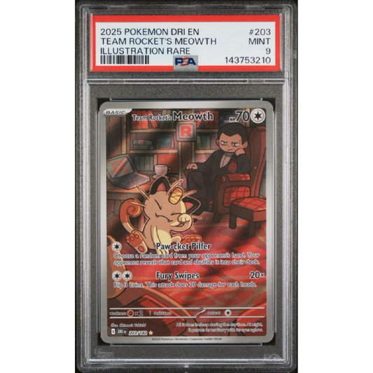 2025 POKEMON DRI EN-DESTINED RIVALS #203 TEAM ROCKET'S MEOWTH ILLUSTRATION RARE PSA9